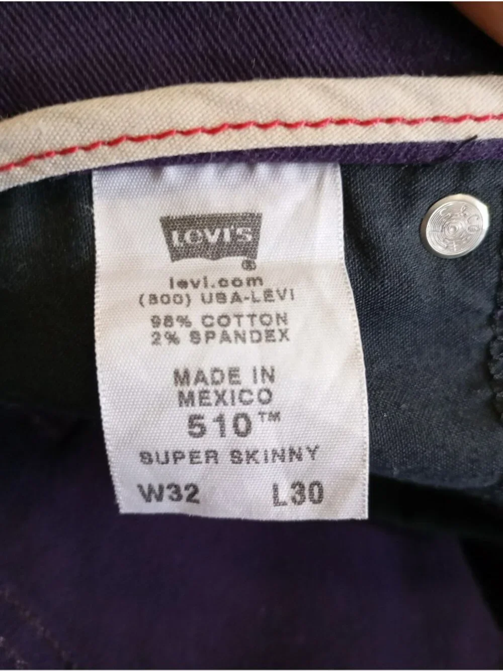 Levis 510 Super Skinny Purple Denim Jeans W32 L30 Mens Stretch Cotton
